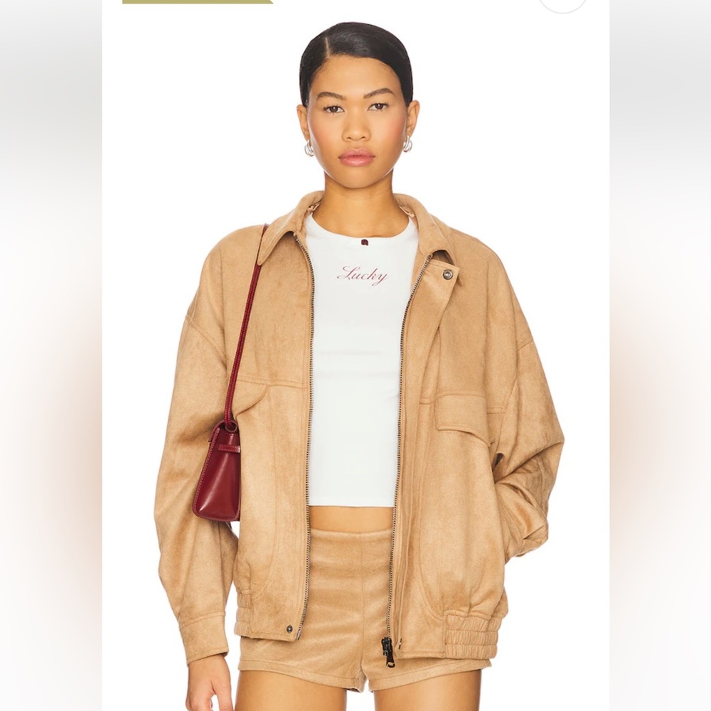 Lioness Palm desert faux suede oversized bomber jacket in “chocolate”(tan/camel) - Picture 2 of 8